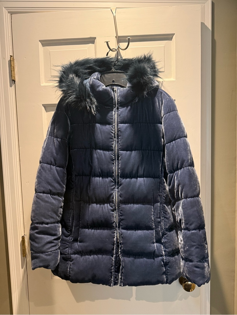 Women's Blue Velvet Puffer Coat with Faux Fur Hood
